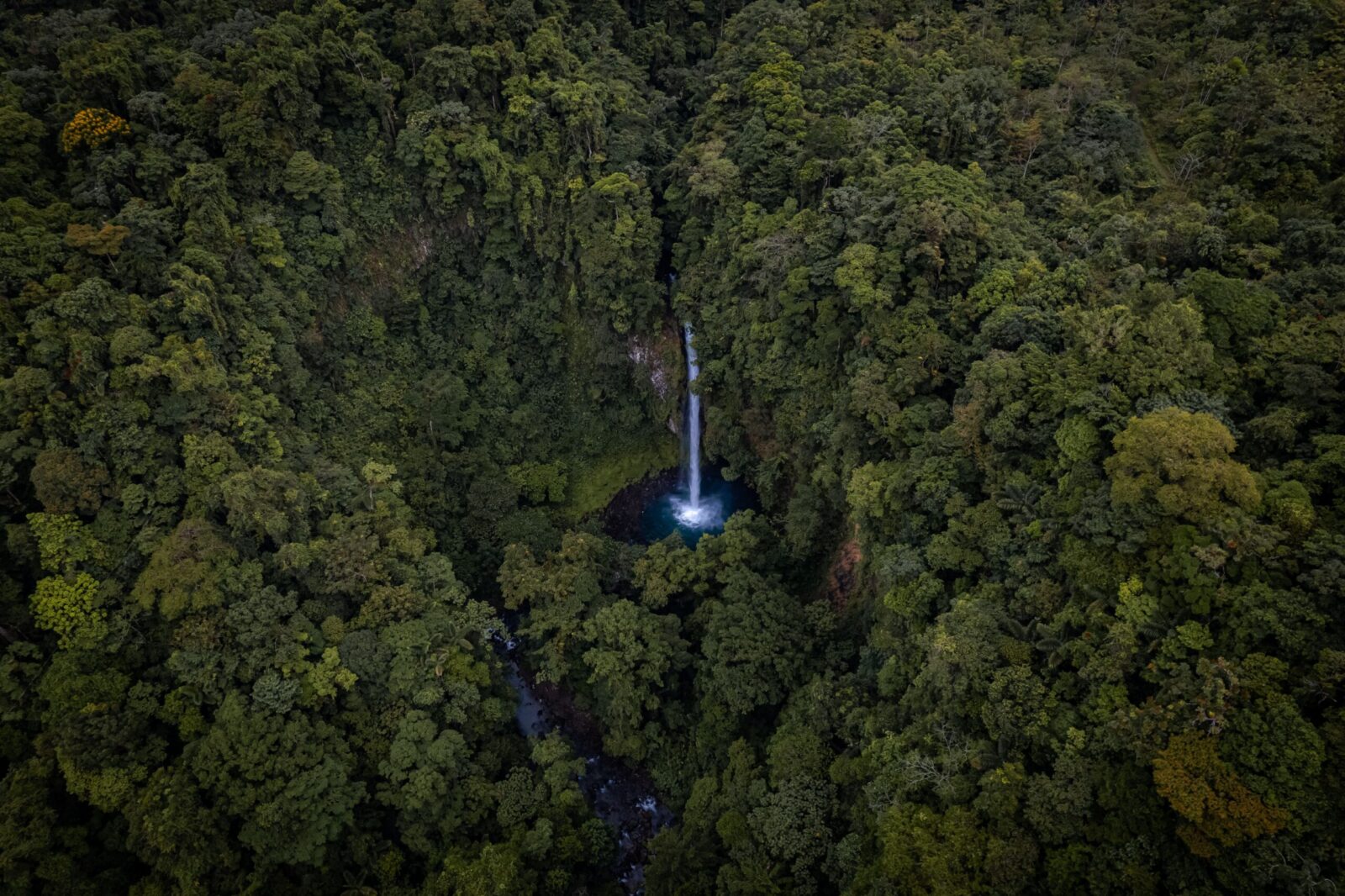 A breathtaking aerial shot of La Fortuna Waterfall surrounded by lush rainforest in Costa Rica.
