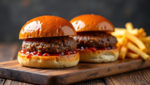 ai generated, burger, french fries, serving board, ketchup, mince sauce, wooden board, burger bun, brown color, juicy, cheesy potatoes, grilling, comfort food, no people, dark background, high angle view, bright red, burger topping, american cuisine, fried food