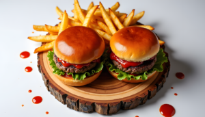 ai generated, hamburger, french fries, fast food, ketchup, burger cheese, no people, wooden plate, brown, red, food on table, slice, fresh lettuce, comfort food, gourmet burger, american cuisine, duck, wood slices, food containers, cultural food, gourmet experience